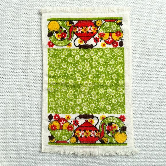 Vintage Sayco MCM Mod Teapot Fruit Bowl Floral Print Fringe Trim Kitchen Towel - Picture 1 of 7